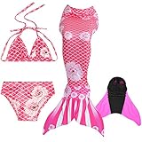 DECOOL Meerjungfrauenflosse Kinder mit Bikini, Pink Roses